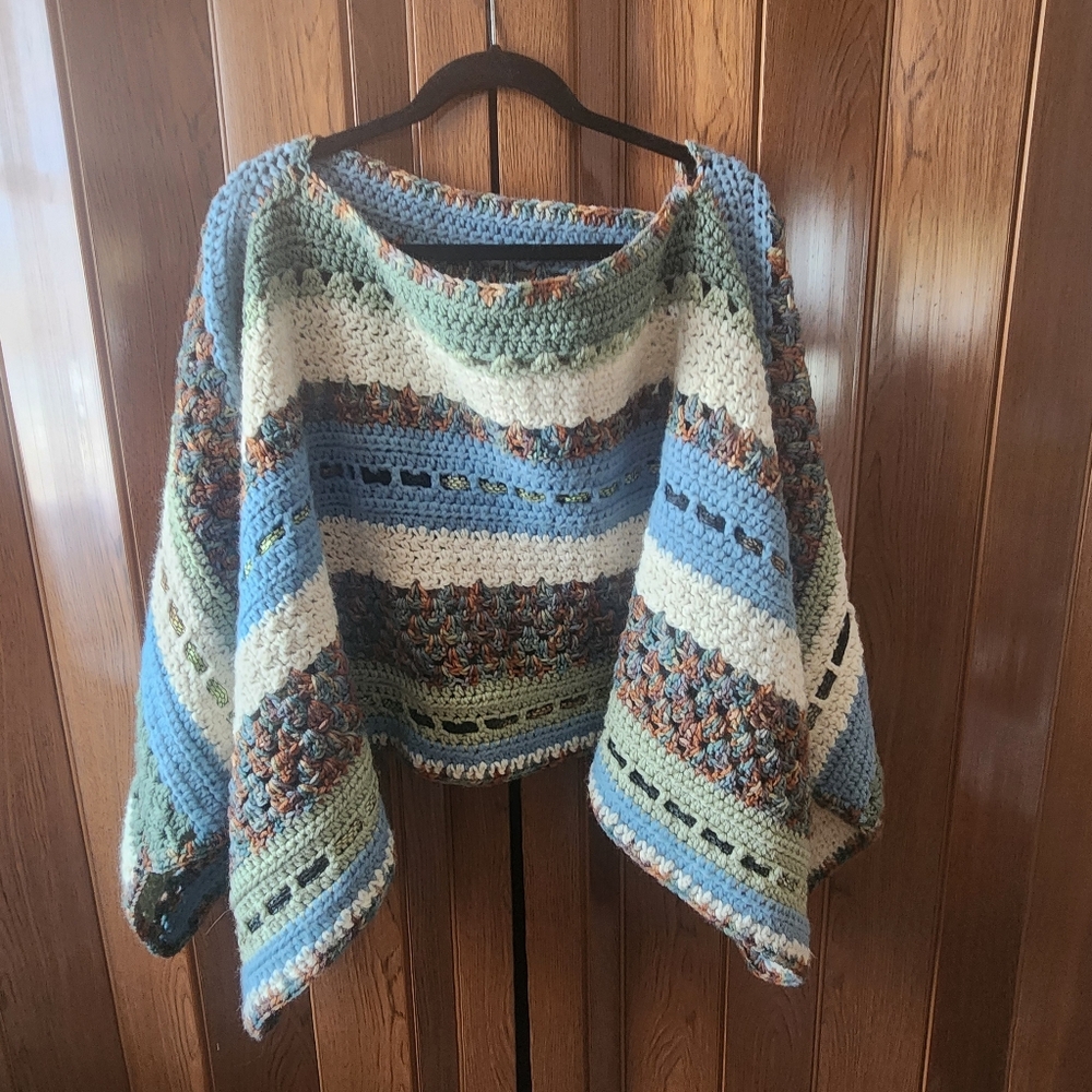 Hand Knttted Multicolor Striped Women's Poncho